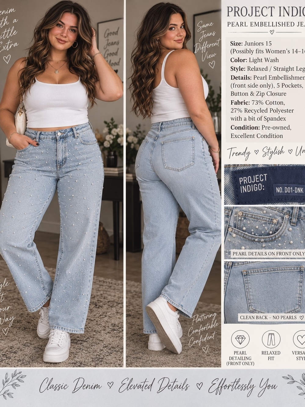 ✨ Project Indigo Pearl-Embellished Jeans — Juniors Size 15 ✨